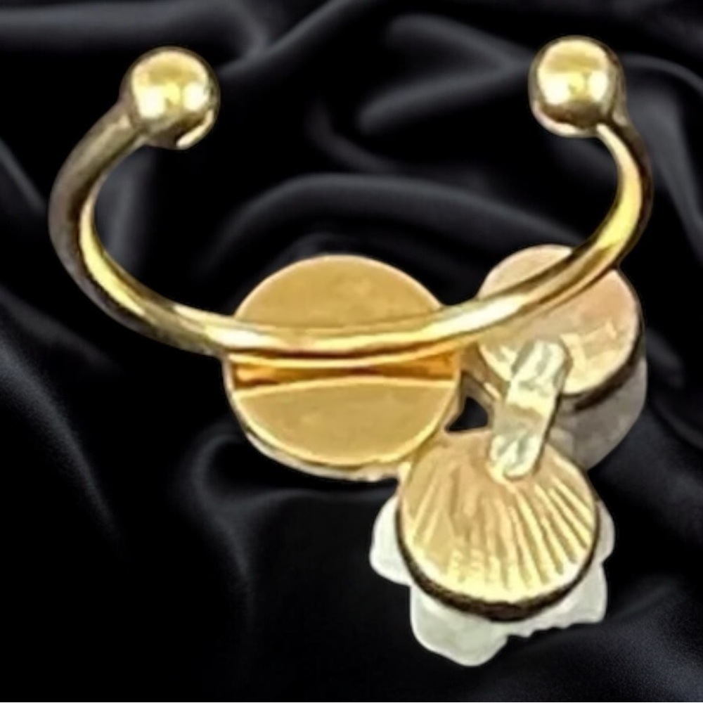 Gold Flower Faux Pearl Ring Adjustable Band Delicate Modern Playful Handmade - Picture 2 of 4
